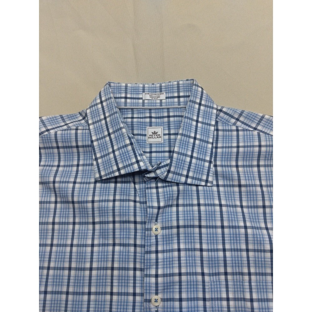 Peter Millar Mens 2XL Button Down Shirt Blue Plaid Long Sleeve Cotton